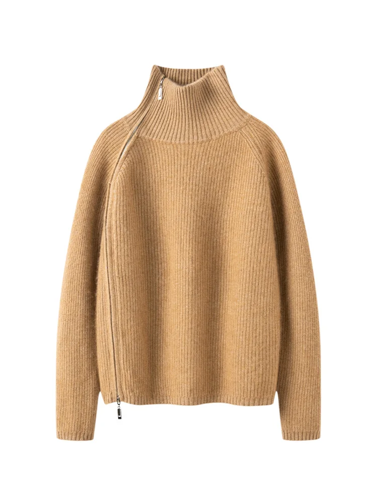 

TLOML Women's 100% Cashmere Sweater Turtleneck Double Headed Zipper Slanted Placket Cashmere Cardigan Autumn Winter Casual Coat