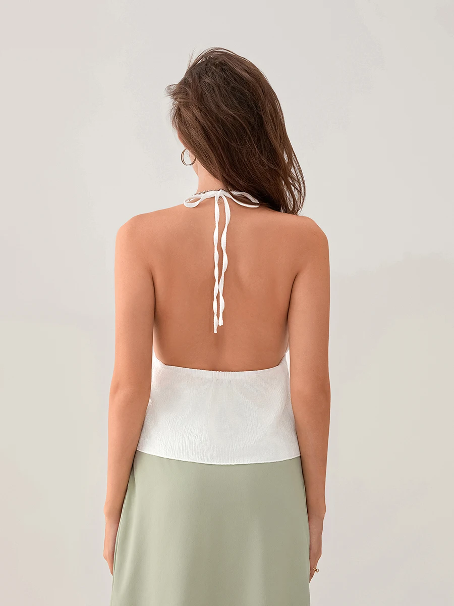 New Women Halterneck Crop Tops Summer Solid Color Bandage Open Front Backless Sleeveless Tops Streetwear S-XL