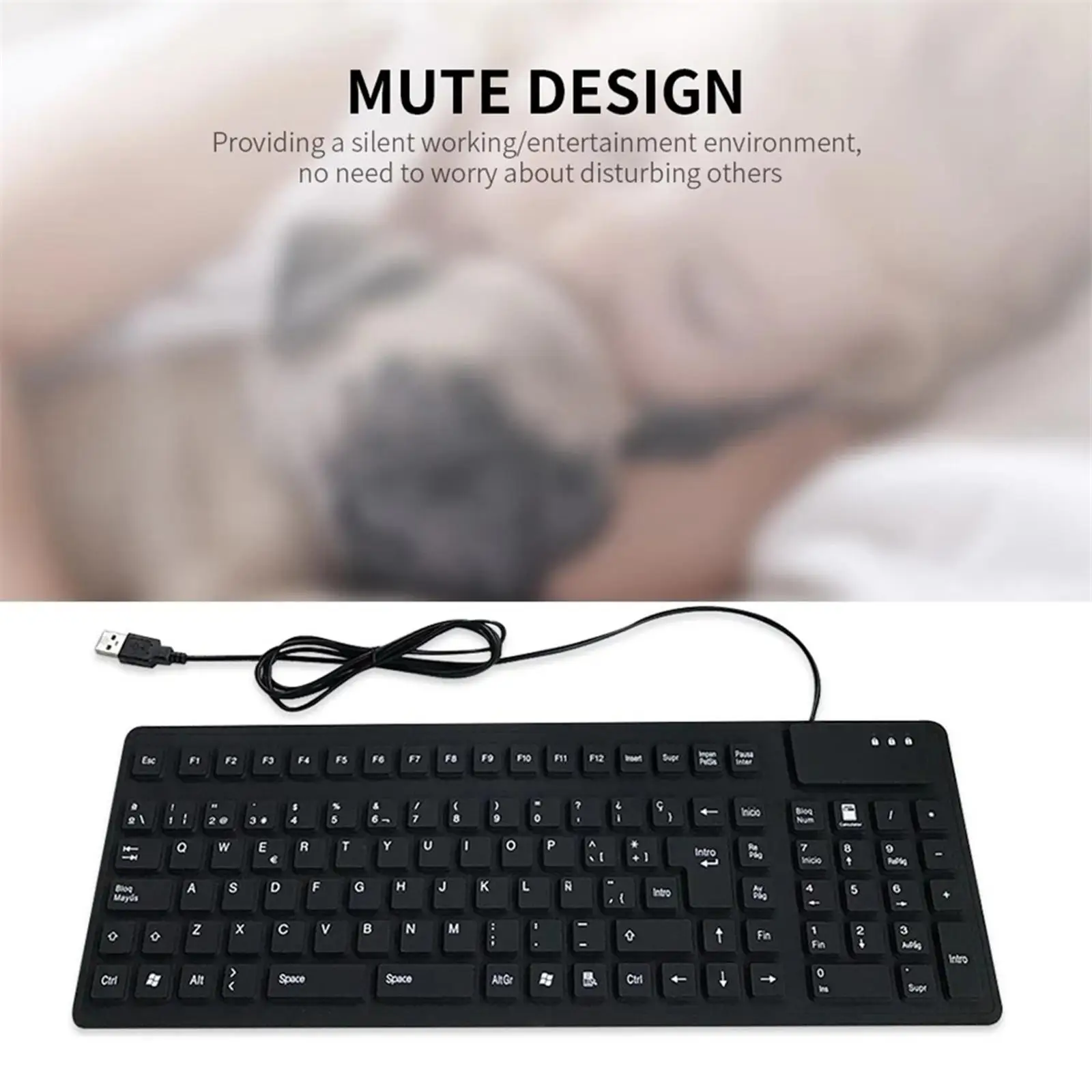 Foldable Silicone USB Wired Spanish Keyboard Waterproof Rollup for Desktop Computer Laptop, 105 Keys