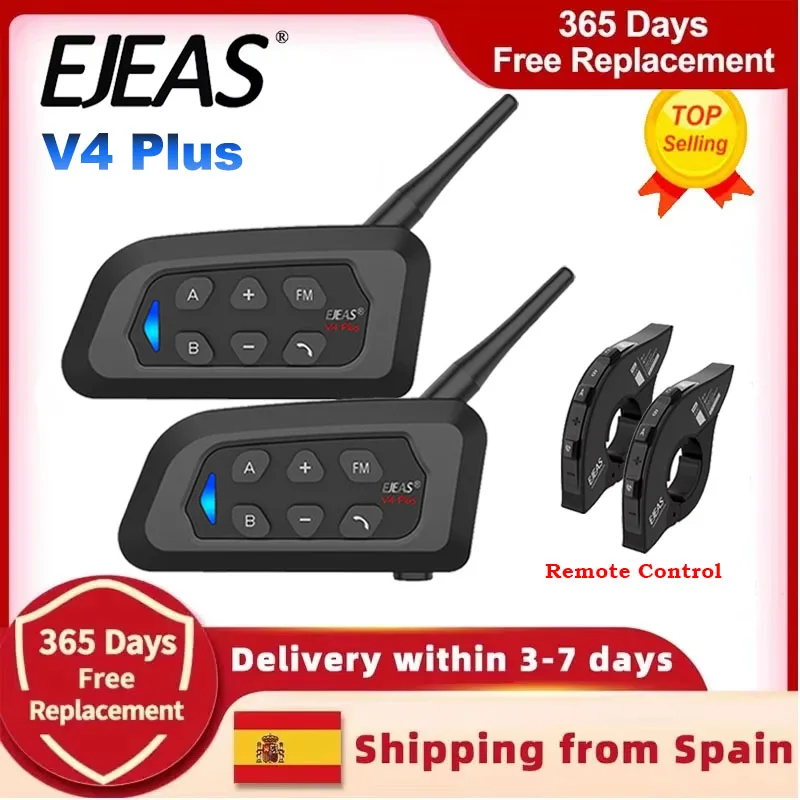 Casco de Motocicleta EJEAS V4 Plus con Bluetooth 5.1, Intercomunicador para 4 Personas, Distancia de Intercomunicación de 1500 Metros, Resistente al Agua IP65