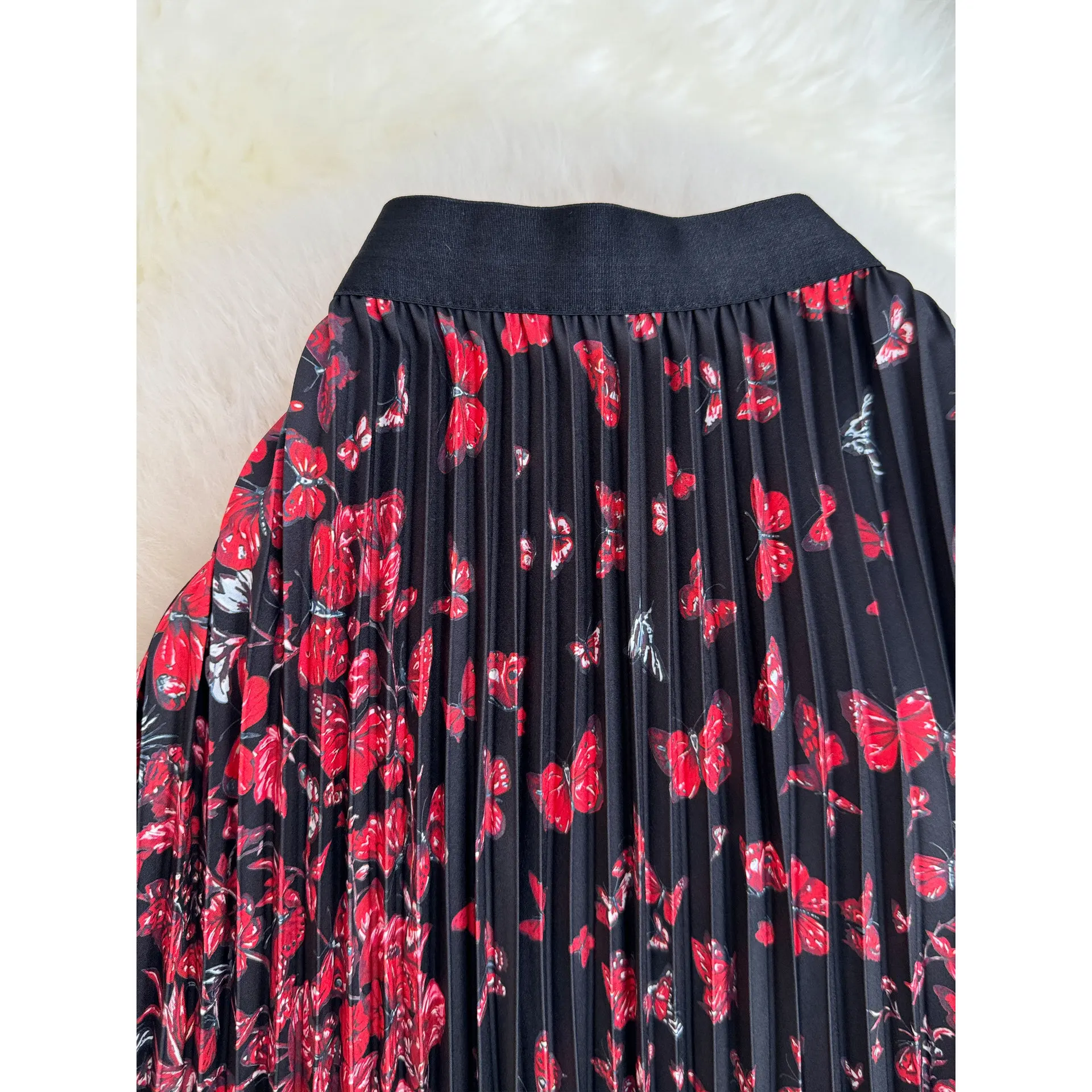 Women Butterfly Print Skirts Pleated Skirt Ankle Lenth A Line High Elastic Waist Slight Strech Loose Elegant Casual 2026 Summer