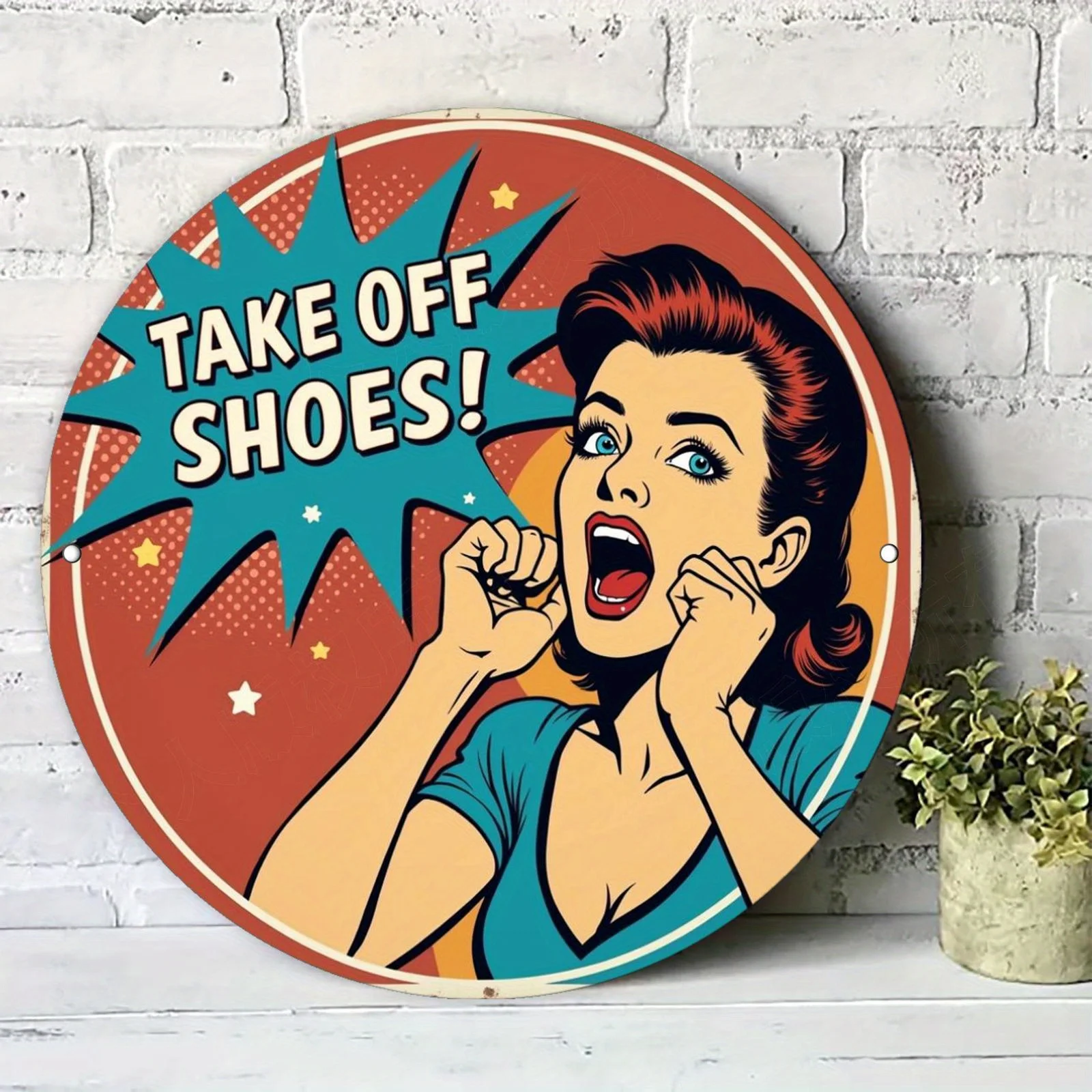 Cuadro de Pared de Aluminio con Diseño 2D Plano - Arte Pop Vintage | ¡Tira los zapatos! Estilo cómico retro para sala de estar, dormitorio, cafetería