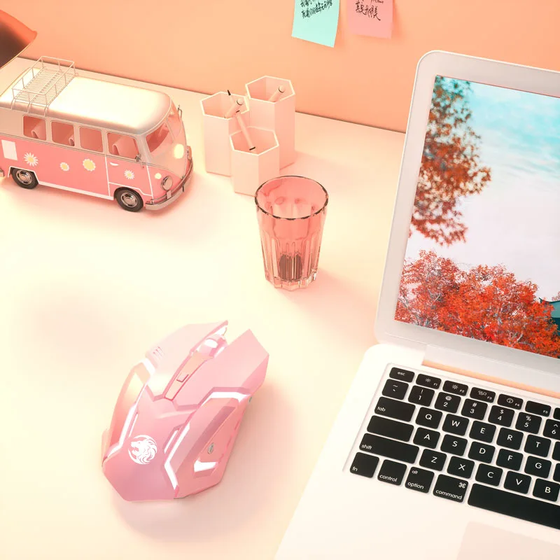 Cute Jelly Pink Girl Wireless Mouse 7 Color Breathing Light Gaming Mouse Rechargeable Bluetooth PC Computer Laptop Accessories