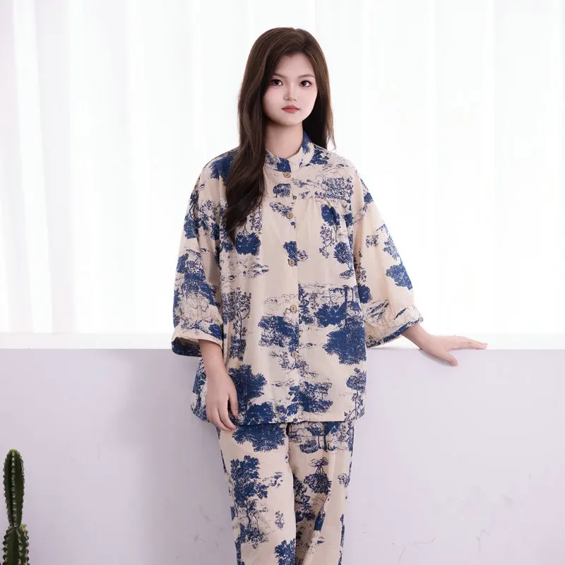

Chinese Style Pajama Set Women Vintage Ink Painting Print Sleepwear Cotton Linen Loose Loungewear with Mandarin Collar Home Suit