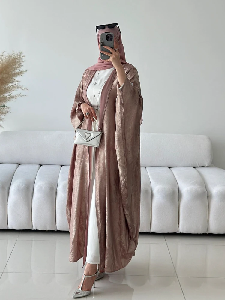 Eid Sliky Abaya na muzułmański strój imprezowy damski Ramadan Abaya rękaw w kształcie skrzydła nietoperza pas marokański Kaftan Vestidos Largos