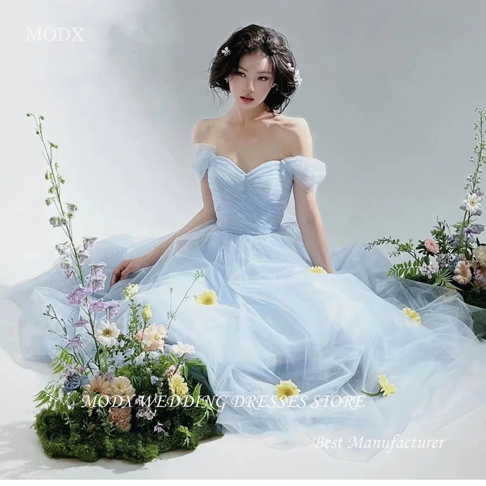 MODX 妖精ライトブルーオフショルダーウェディングドレス韓国写真撮影 A ラインソフトチュールブライダルドレスバックコルセット