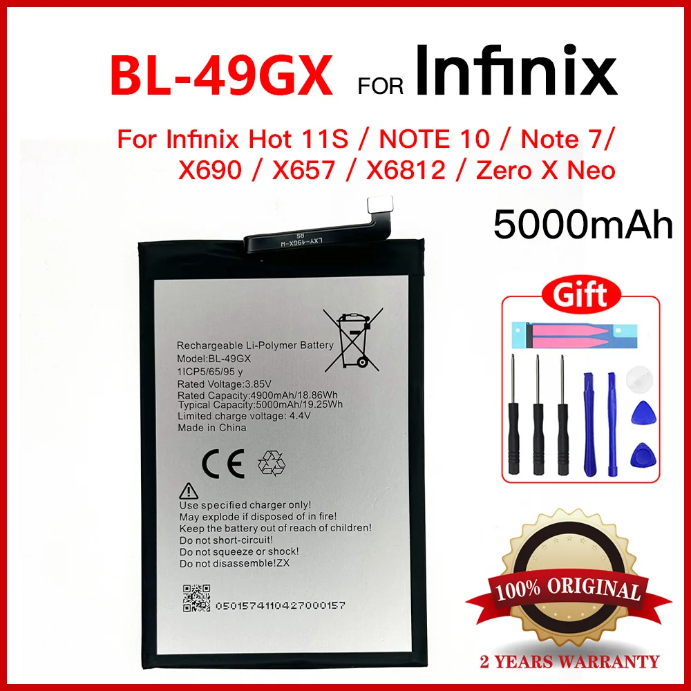 Genuine 5000mAh BL-49GX For Infinix Note 7 10 note7 Note10 X690 X657 X693 X6812 Hot 11S Zero X Batteries+Tools
