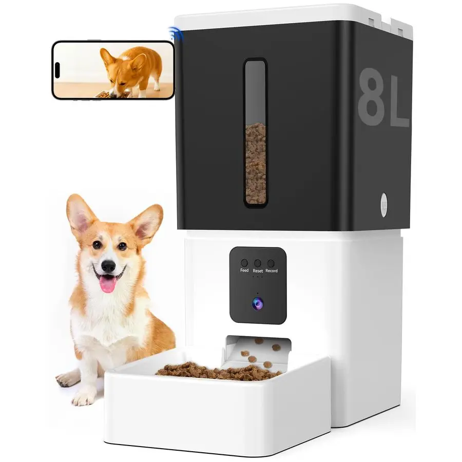 

Automatic Dog Feeder with Camera 8L 33 Cups 5G WiFi Timed Food Dispenser for Medium Dogs 1080P HD Night Vision Video Recording