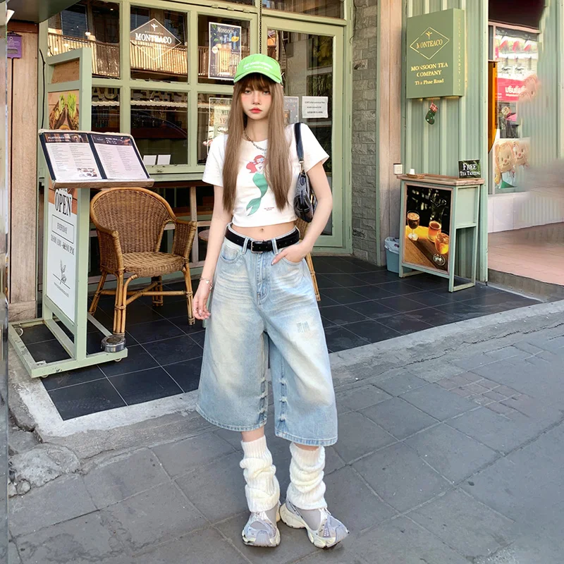 Y2K Style Wash Light Blue Denim Shorts Women Summer High Waisted Cropped Baggy Wide Leg Shorts Pants Woman Clothing