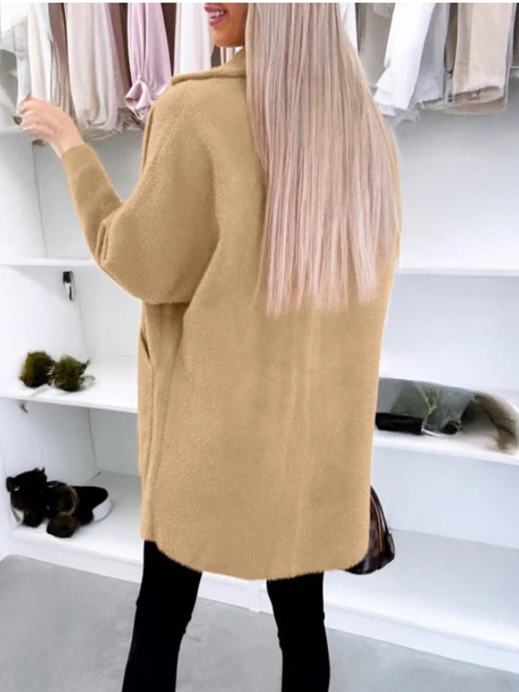 

Casual Women's Solid Color Commute Overcoat Temperament Simple Loose Pocket Woolen Cardigans Fashion Lapel Long Sleeve Fur Coat