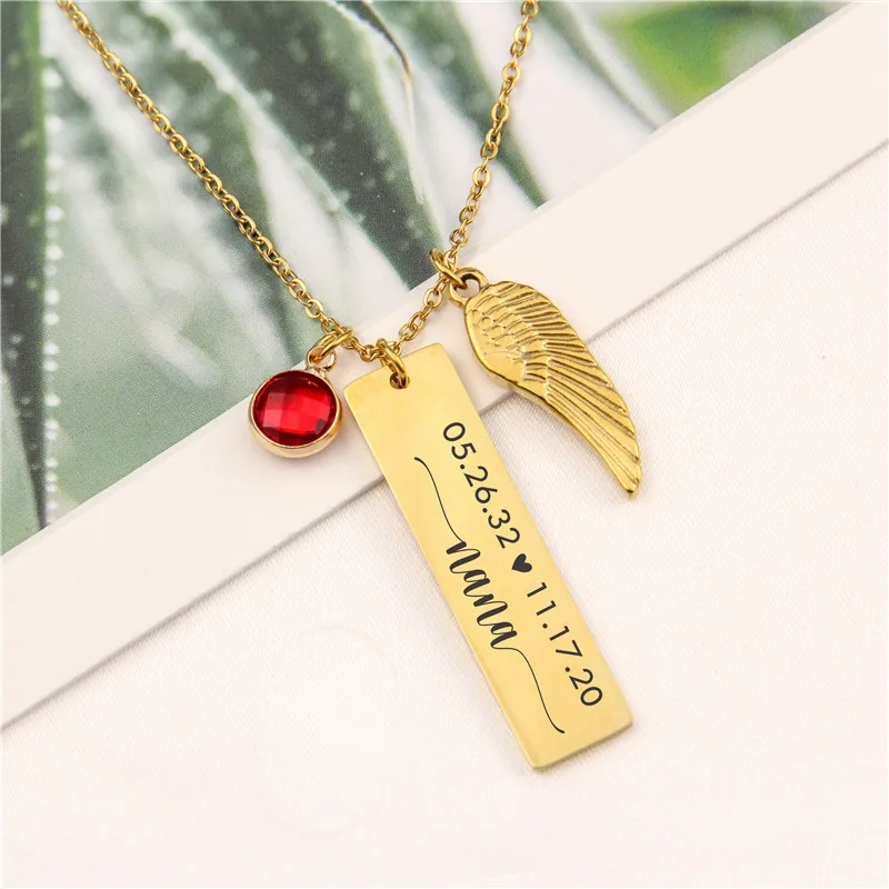 

Custom Vertical Bar Pendant with Wings Charm Stainless steel Customized Date Personalized Gemstone Name Necklace Gift for Mom