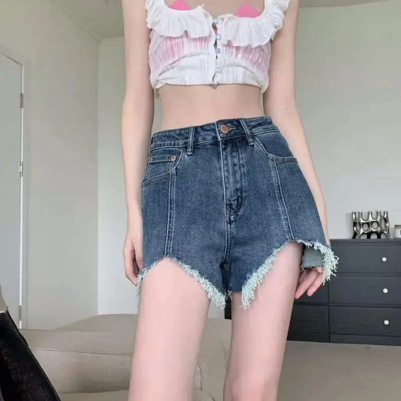 

Denim Short Irregular High-Waisted Summer Large Size A-Line Pants For Women Loose Slimming Hot Girl Korean Style Wide-Leg Shorts