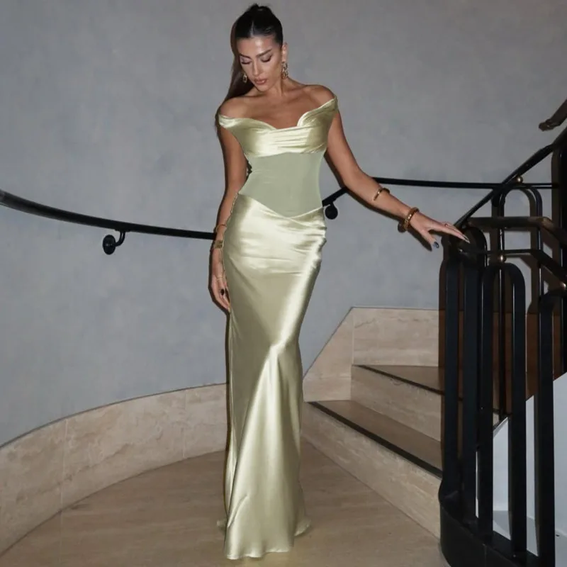 Elegancka satynowa sukienka maxi z odkrytymi ramionami dla kobiet Nowa seksowna sukienka wieczorowa typu bodycon z odkrytymi ramionami na imprezę lub do klubu nocnego