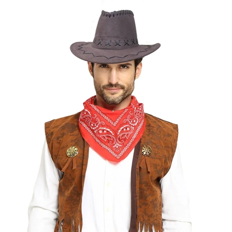 Cow-boy Costumes Set Includes Vests Hat Scarf Cos-play Costume Accessories for Women Men Halloween Party Dress-up R7RF