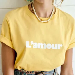 French Retro Letters Printing Female Elegant T Shirts Summer Yellow Short Sleeve 100% Cotton Tops 2025 New Loose Casual Tees
