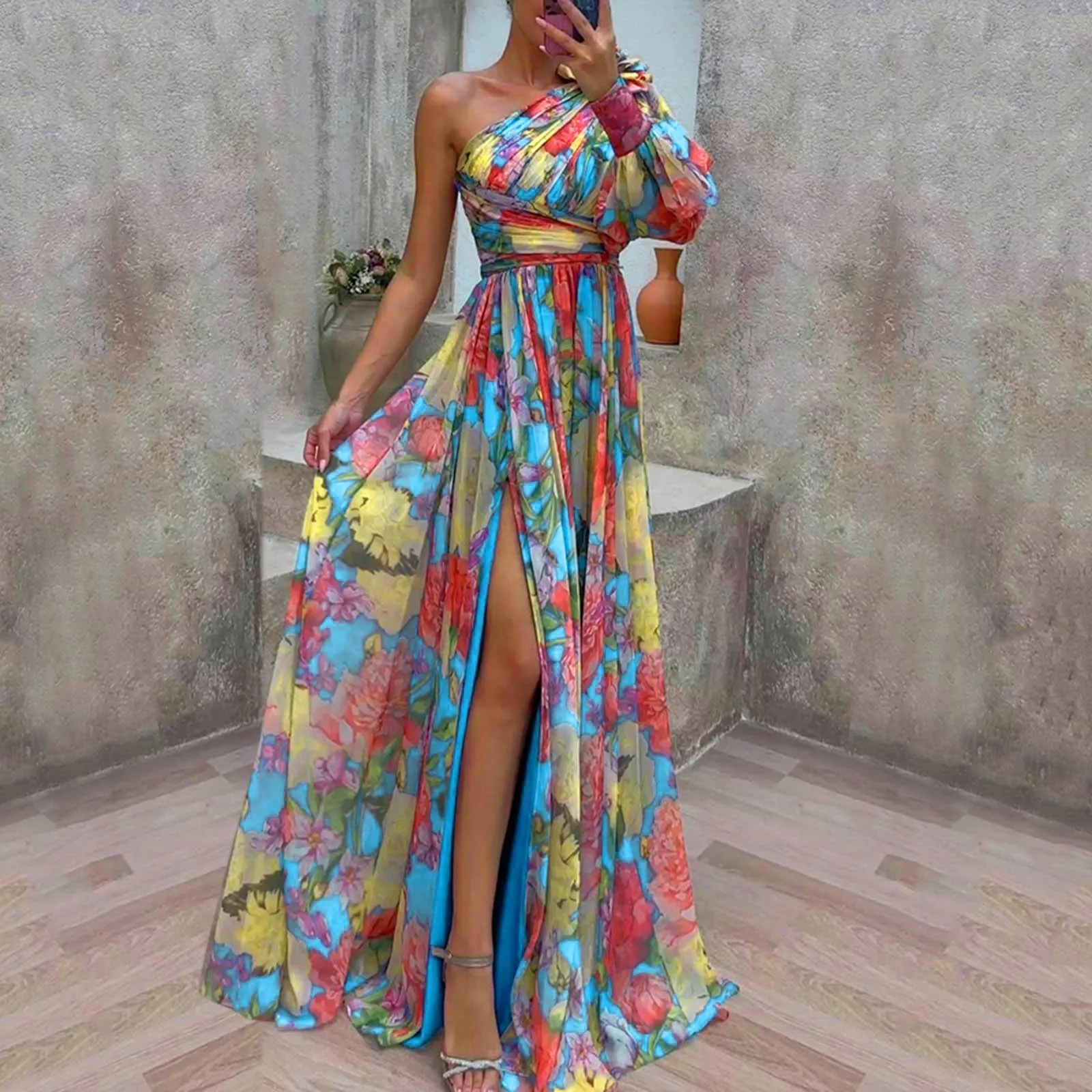 Elegant Formal Party Dress Elegant One Shoulder Tie-dye Ball Gown with Mesh Bubble Sleeves Split Hem Women's Evening Dress