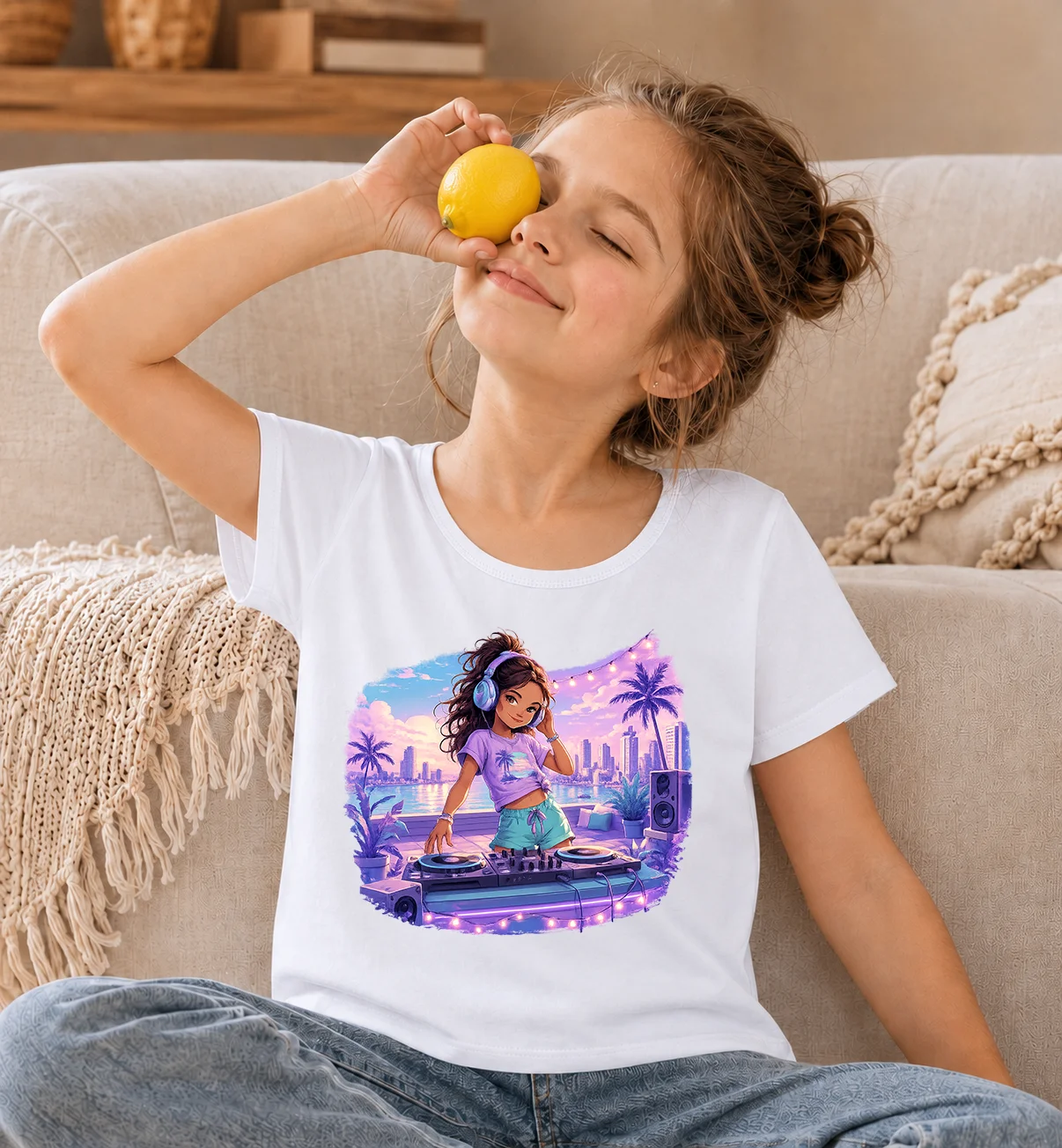

Girls Summer DJ Girl Palm Tree Cityscape Cartoon Print T-Shirt 100% Cotton O-Neck Short Sleeve Kids Tees Fashion Hip Hop Music L
