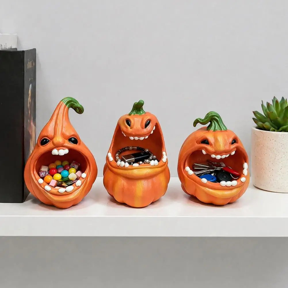 Halloween Pumpkin Storage Box Big Mouth Cartoon Pumpkin Resin Figurine Jewelry Keys Container Desktop Decors view 2