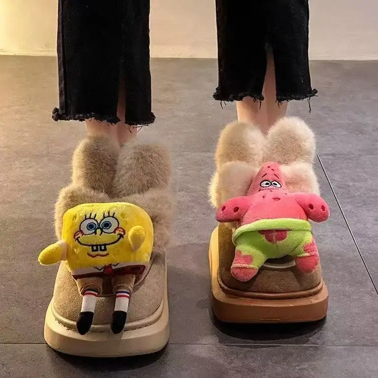 

SpongeBob SquarePants cartoon drop shipping 2025 new winter Hand drawn cotton-padded warm canvas shoes student shoes for women