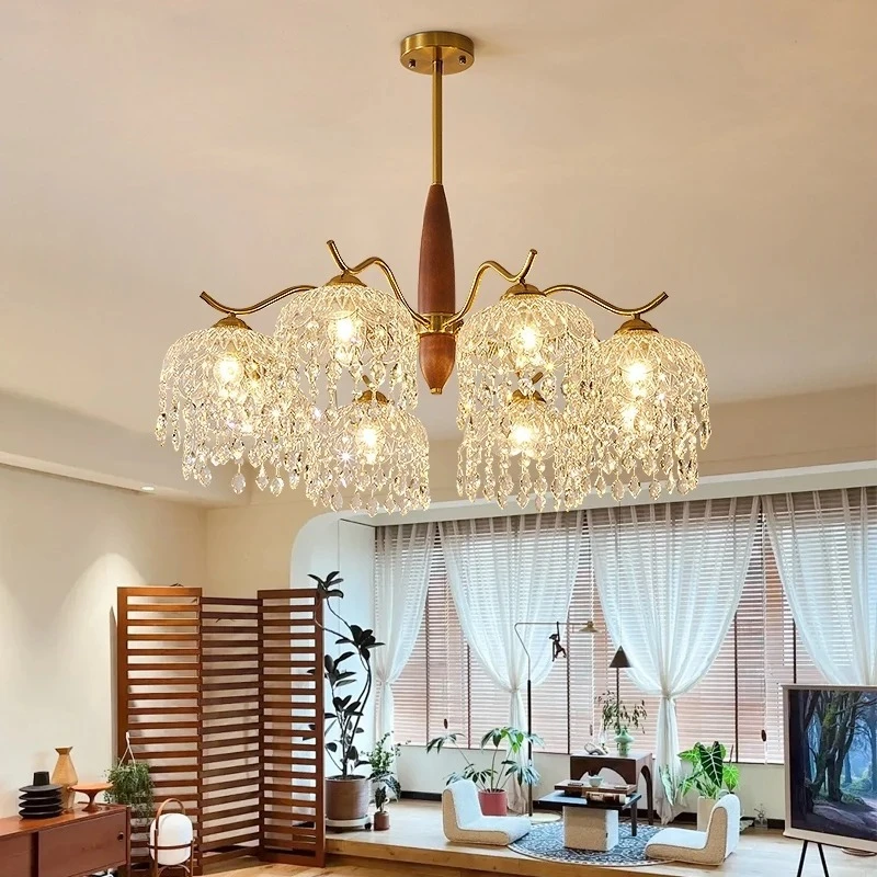 

MZISOSOD Retro American Pendant Light for Living Room Bedroom Dining Room Postmodern Solid Wood Antique Glass Crystal