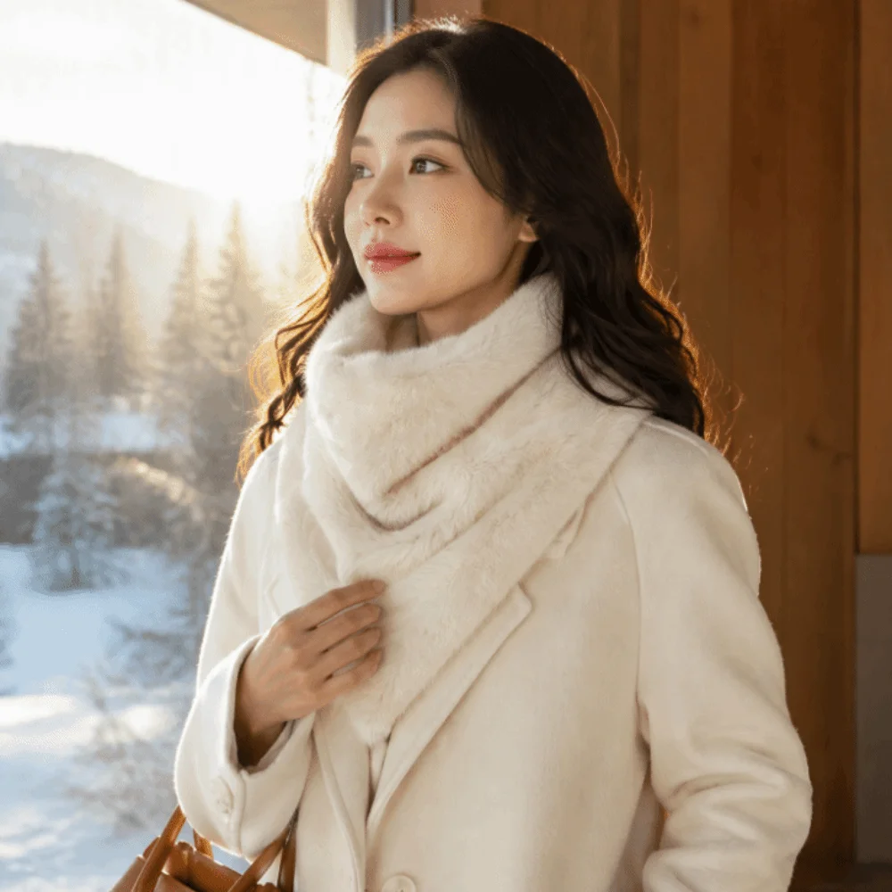 Elegant Soft Plush Triangle Scarf Leopard Print Warm Faux Fur Scarf Breathable Solid Color Winter Neck Warmer Cold Weather