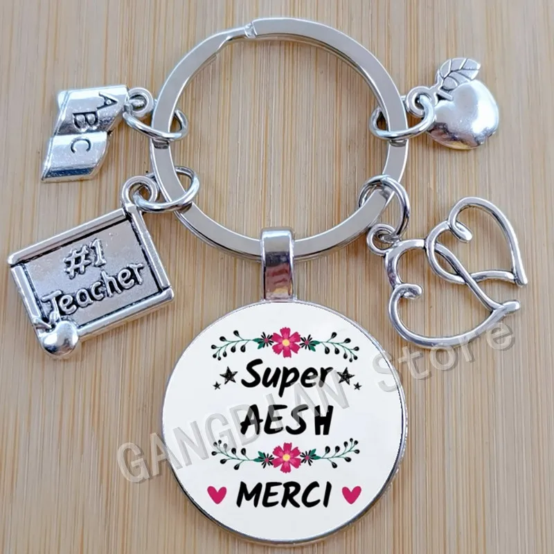 Merci Atsem/Aesh/Avs/Maitre/Maitre Thank you Teacher Text Keychain Glass Pendant Keychain DIY Automotive Teacher Keychain