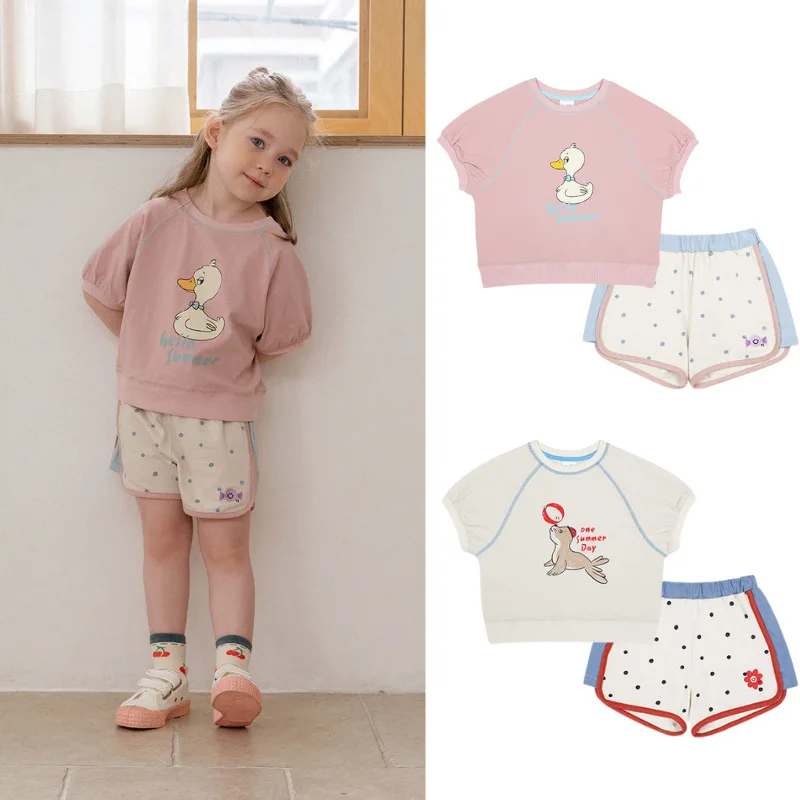 

Children's Summer Baby Clothing Girls' Set Boys' Cotton Cartoon Printed Short Sleeve Shirt+Dot Shorts Fashion Set 2023