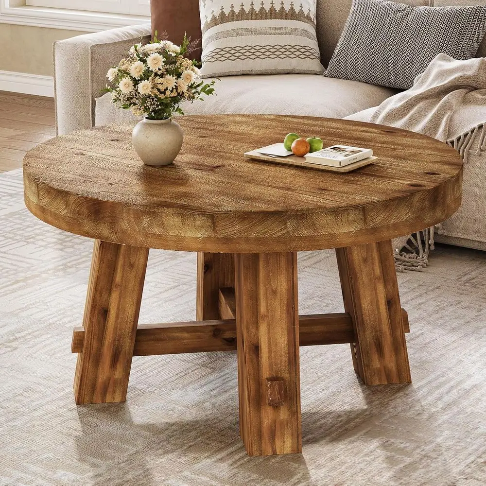 

Rustic Brown 31.5 Solid Wood Round Coffee Table for Living Room, Thickened Tabletop Ideal for Small Spaces