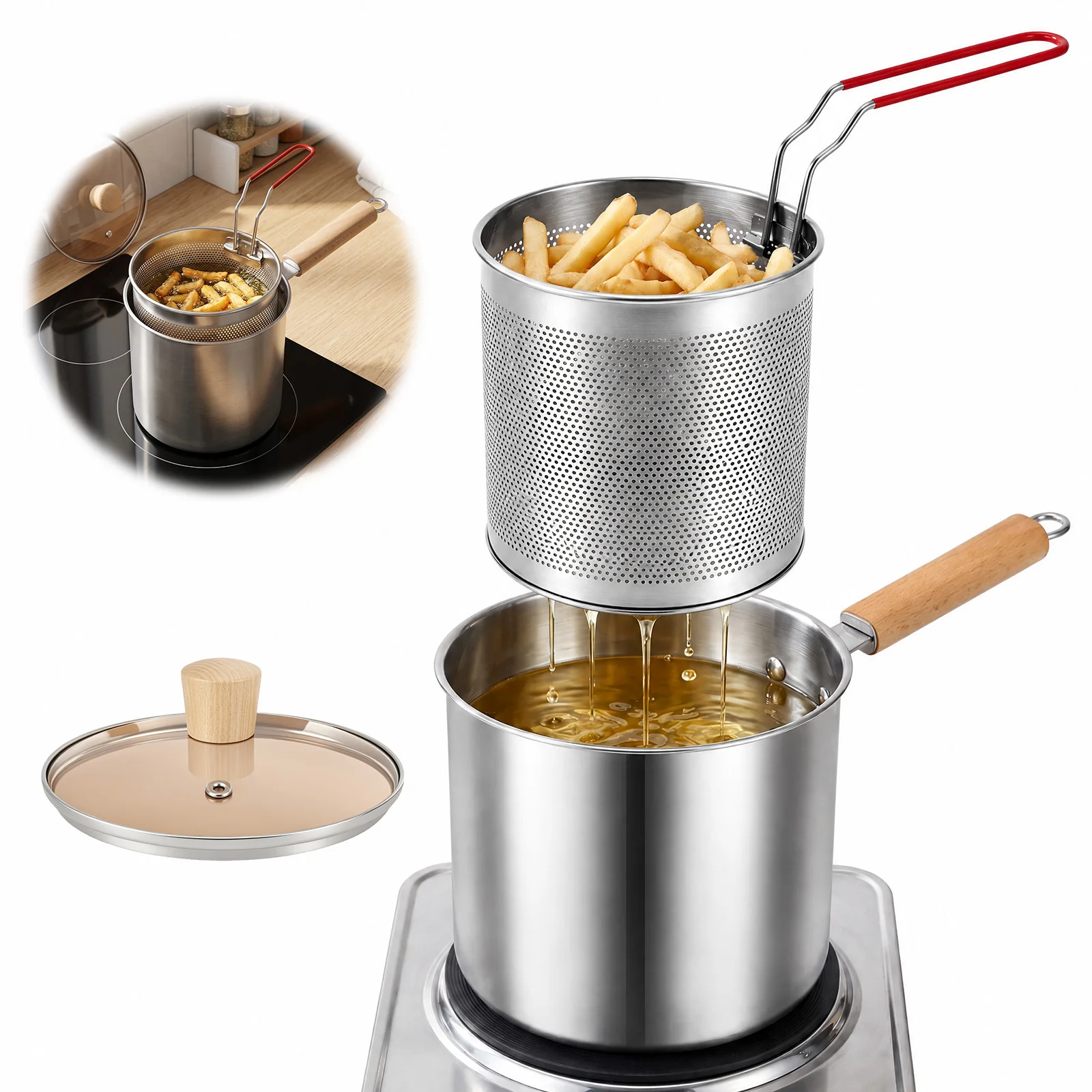 Set di pentole per friggere a olio, comprensivo di cestello per scolare il cibo e coperchio in vetro, realizzato in acciaio inossidabile, per ridurre