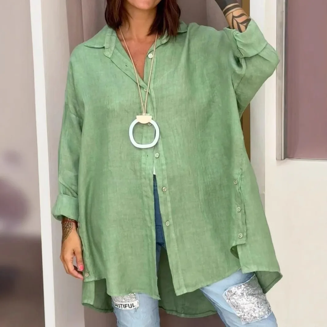 

New European and American summer solid color women's clothing loose nine-quarter sleeve cotton and linen shirt cotton and linen