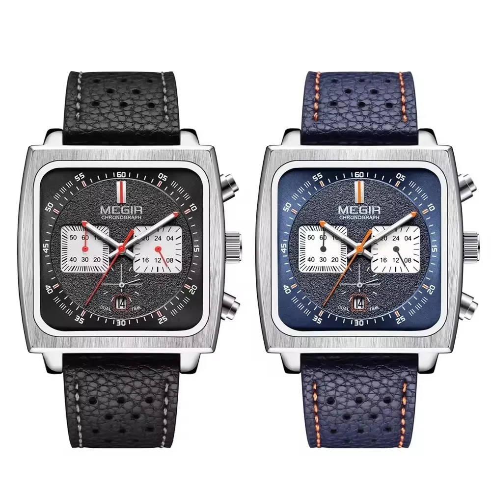 MEGIR 2182 Luxury Fashion Sports Chronograph Multi-Functional Military Leather Date Wristwatches for Men Relogio Masculino