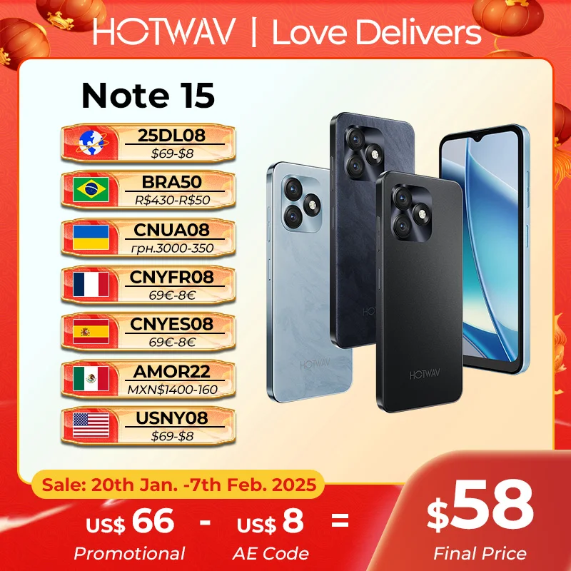 HOTWAV Note 15 Ultra-Thin Smartphone 6.6'' HD+ Android 14 OS 8(4+4)GB+64GB Octa-Core Mobile Phone 13MP 5160mAh Cellphone