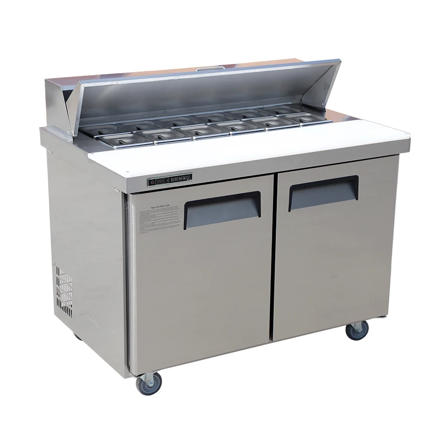 Commercial stainless steel salad bar double door air-cooled sandwich ready refrigerator chiller workbench
