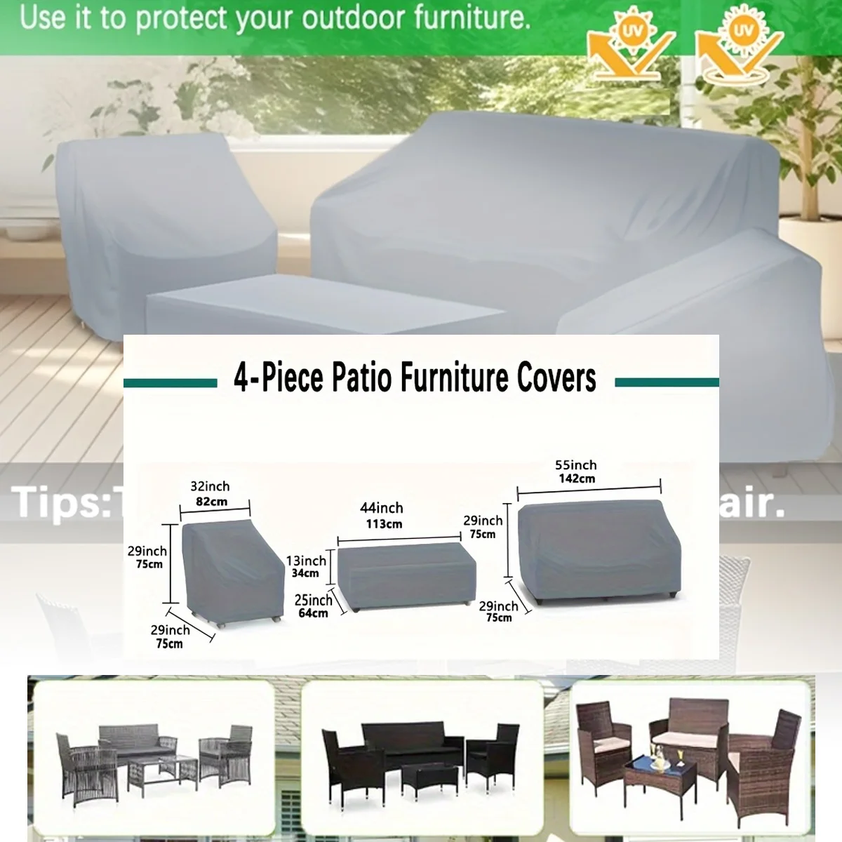 

Комплект из 4 чехлов для садовой мебели, для плетеной мебели, серые, универсальные для всех сезонов
