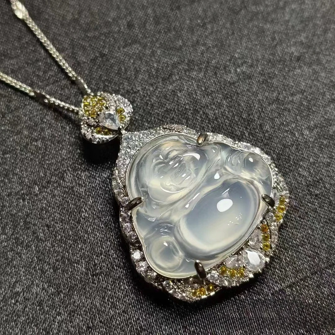 

Internet celebrity natural gemstone silver plated inlaid ice Madagas white smiling Buddha agate chalcedony pendant necklace