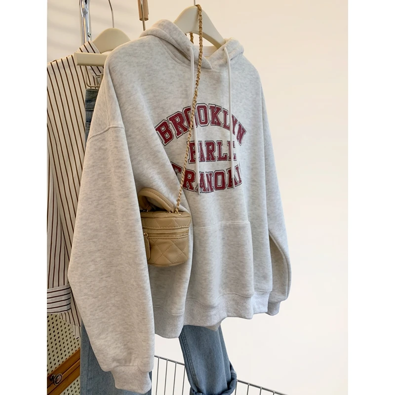 

American Style Grey Hoodie Women's Thickened Spring Autumn Model New Fashion plus Size Sweatshirt with Cotton