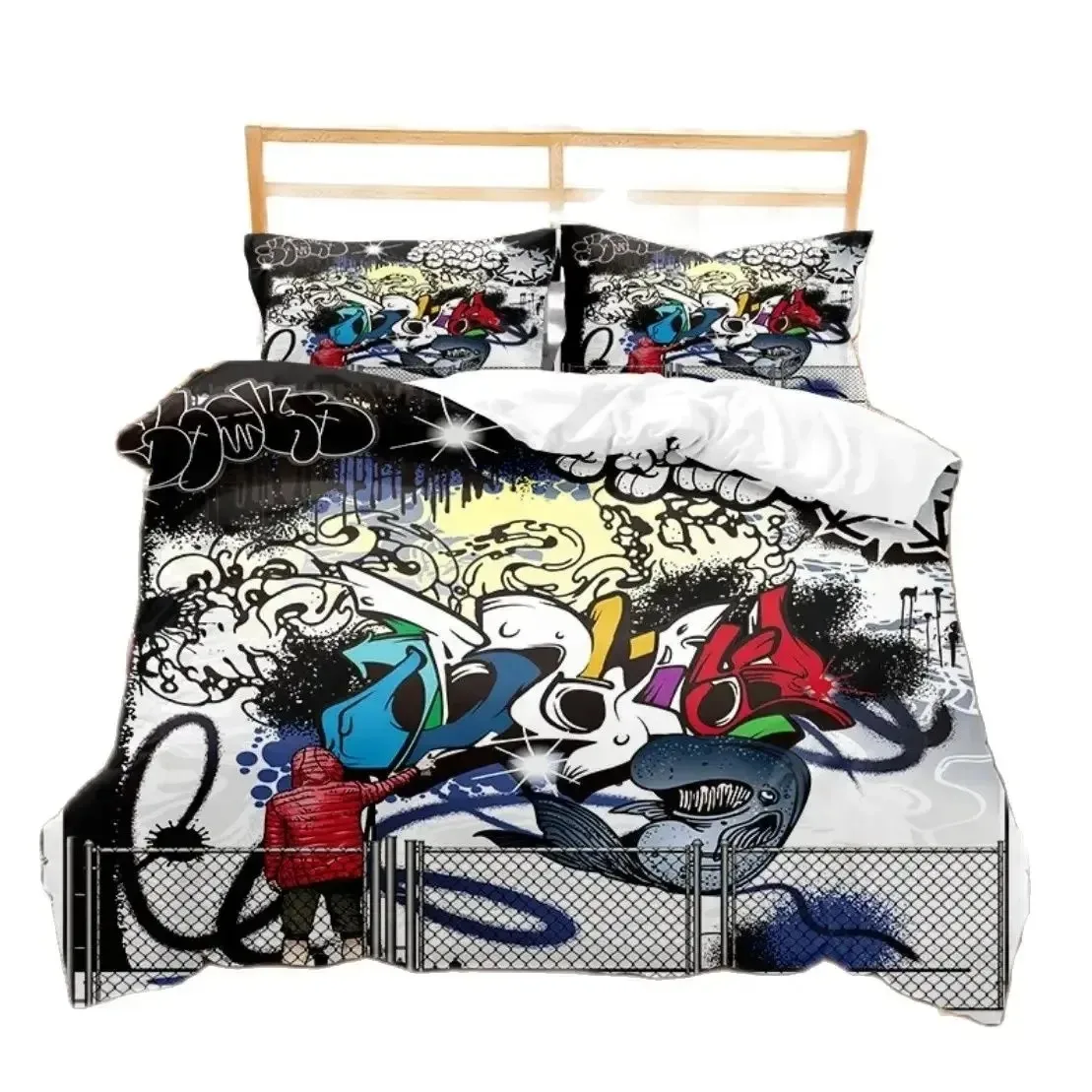 

Hippie Graffiti Bedding Set Teens Adults Hip Hop Duvet Cover Set King Queen Size Youth Comforter Cover Modern Street Art Cover