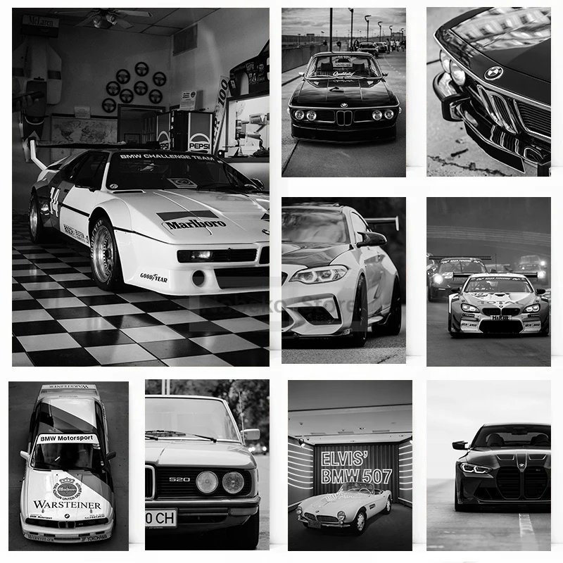 Black and White Vintage BMW Car Poster Retro Sports Car Prints Canvas Painting Wall Art Pictures Home Room Vintage Decoration