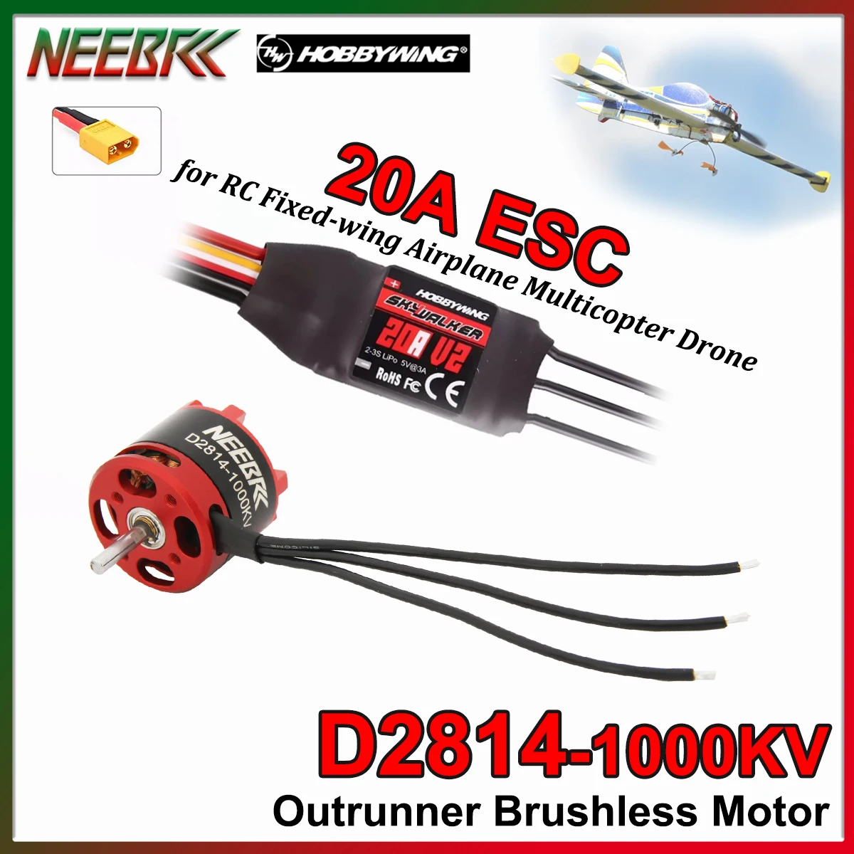 

NEEBRC 2814 1000KV Outrunner Brushless Motor SKYWALKER 20A ESC XT60 Plug for RC Fixed-wing Airplane Quadcopter FPV Drone Glider