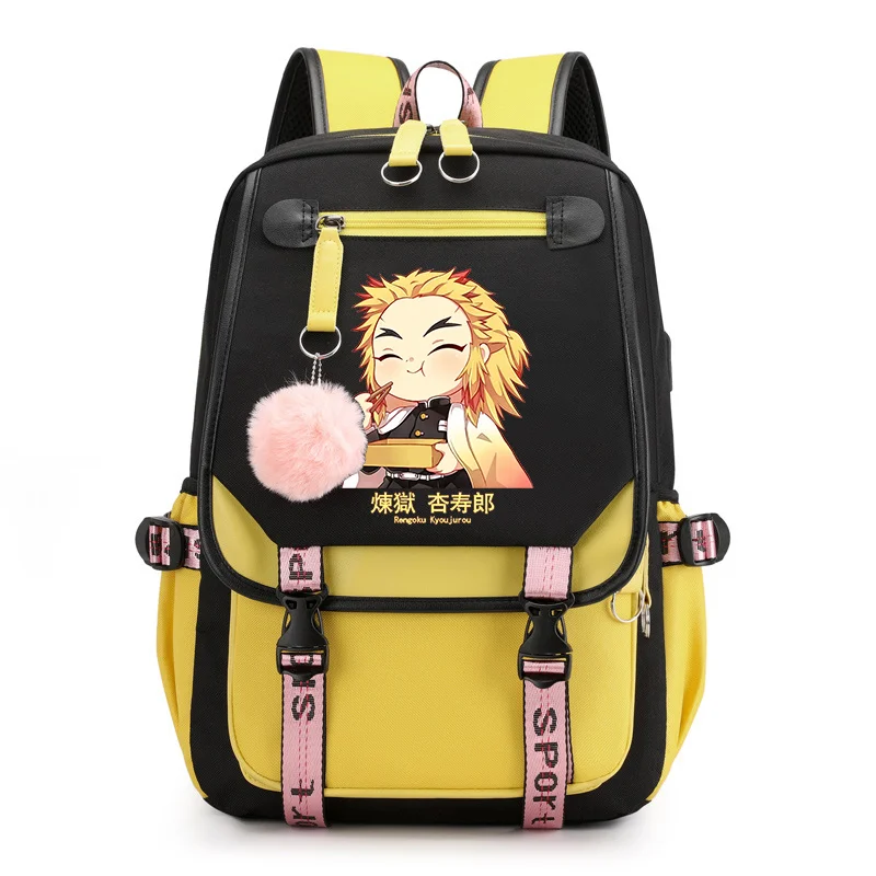 Cute Rengoku Kyoujurou Backpack Fashion Casual Street Anime Backpack High Quality USB Anime Rengoku Kyoujurou Backpack