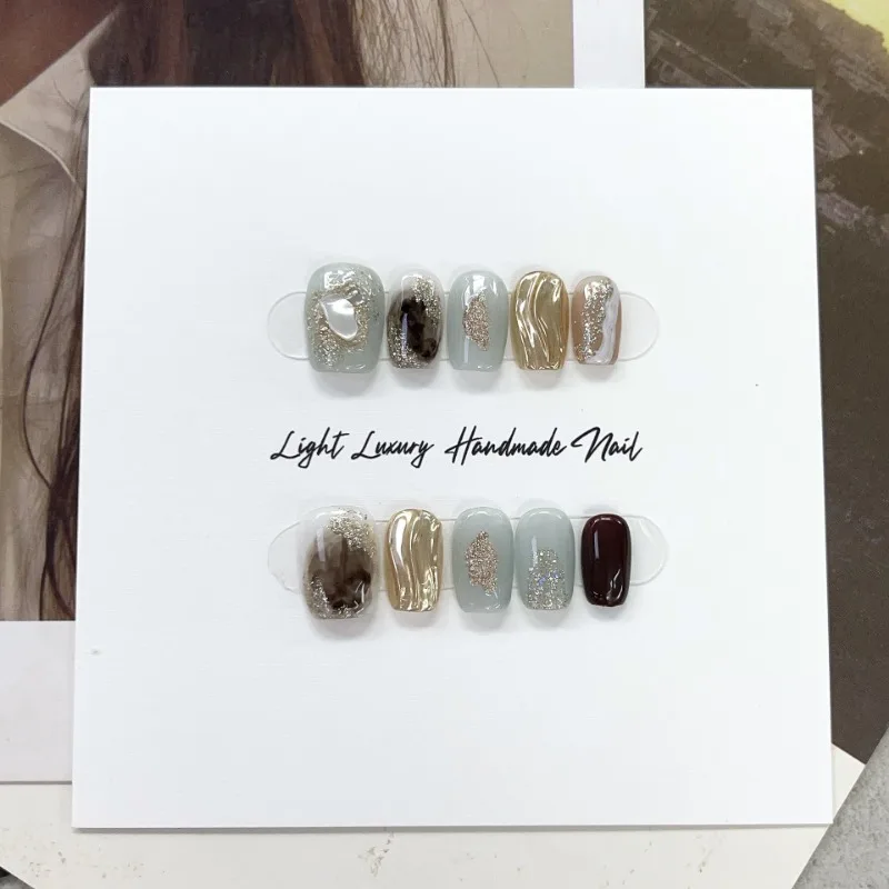 10pcs Handmade Acrylic Press on Nails with Full Set Tools Girl Short Nail Tips High Quality Hand Fake Brown Nails with Charms