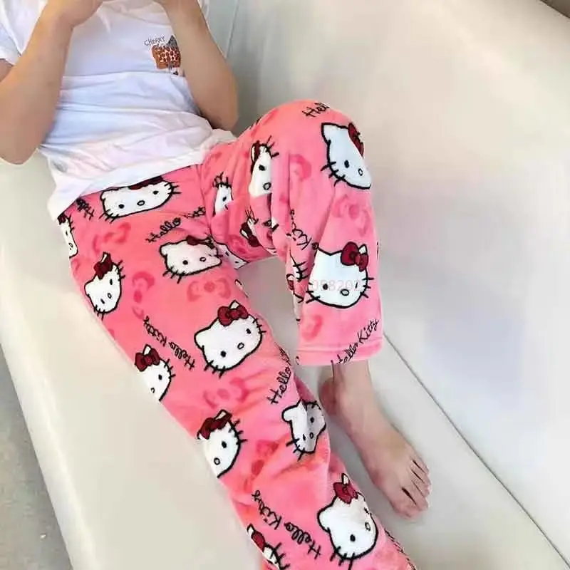 Sanrio Hello Kitty Women'S Warm Woolen Cartoon Casual Anime Y2k Winter Trous Flannel Pajamas Home Pant Autumn Christmas Gift