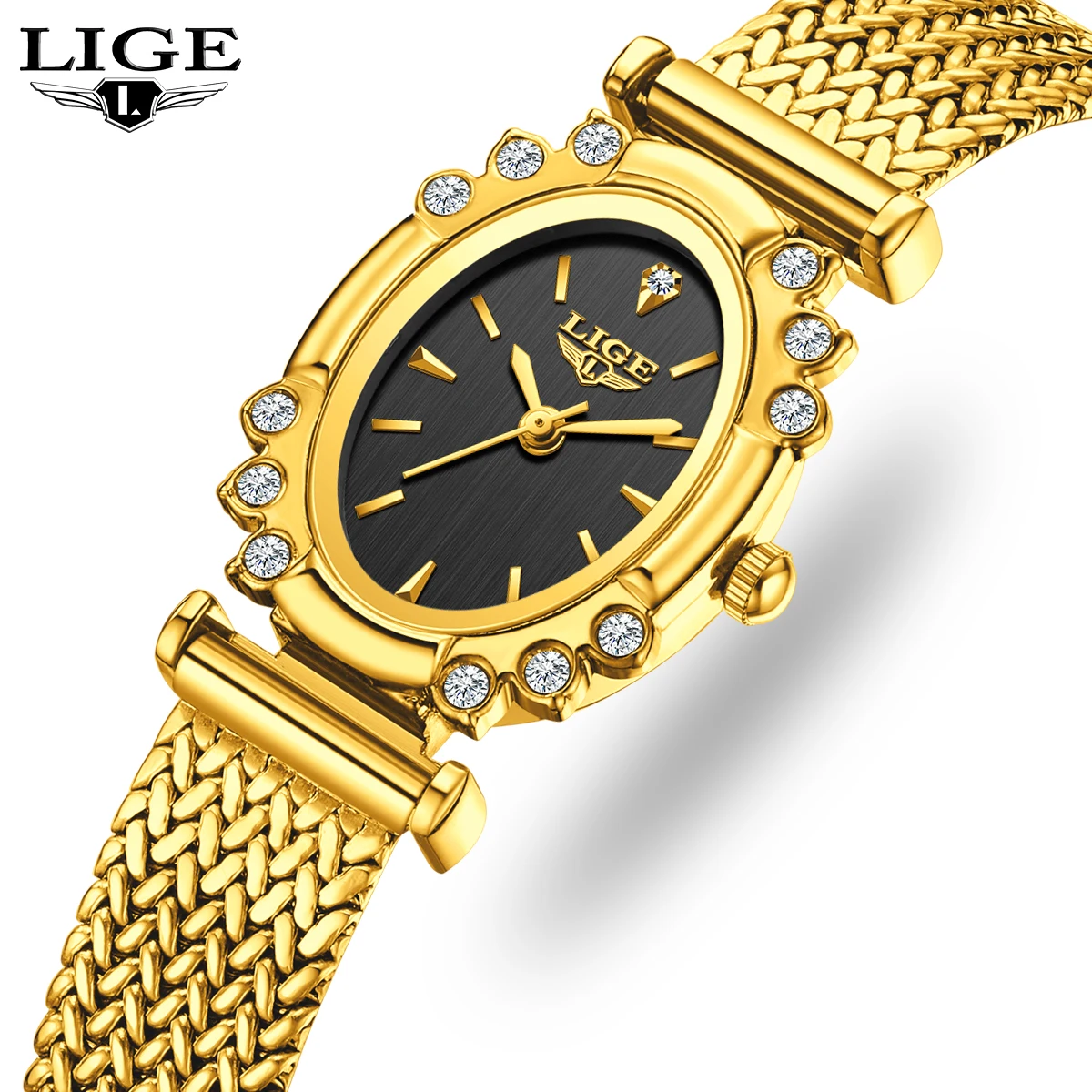 ساعات LIGE النسائية الفاخرة ذات العلامة التجارية البيضاوية كوارتز ساعة هدايا للنساء خمر أنيقة مقاوم للماء سوار القمح الذهبي ساعة اليد