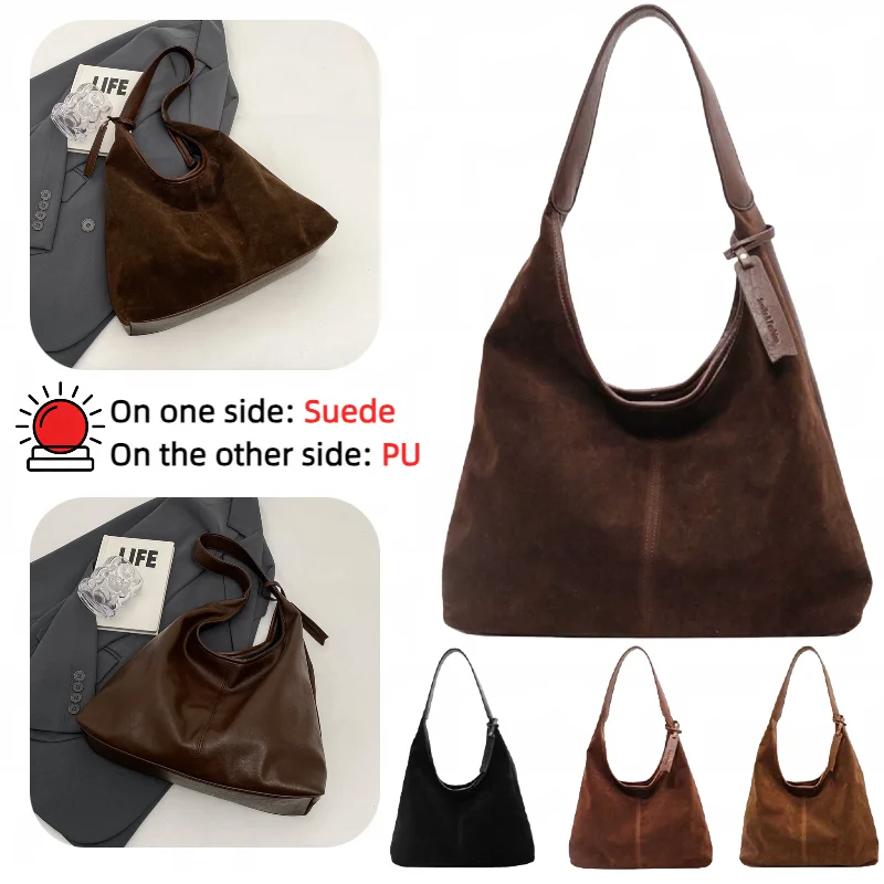 حقيبة يد نسائية من جلد الغزال بإغلاق مغناطيسي حقيبة كتف ريترو مترهل سعة كبيرة للعمل والسفر (مخمل + بولي يوريثان)