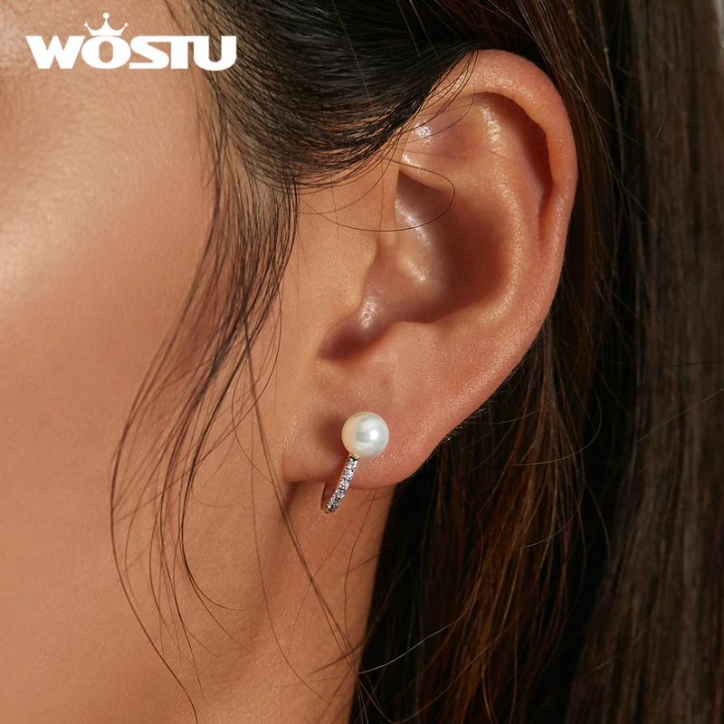 WOSTU 925 Sterling Silver Simple Shell Pearl Shining Zircon Stud Earrings For Women Fashion Party Jewelry CQE1288