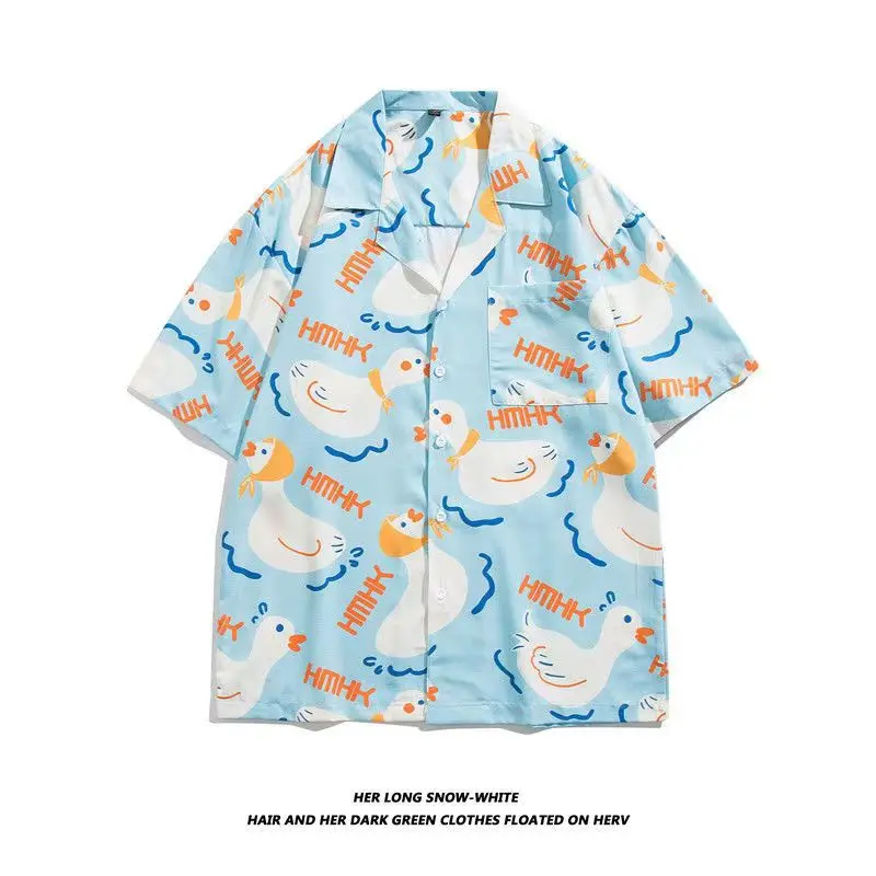 Fairy Tale Cute Duck Anime Button Up Shirt Kawaii Teenage Cool Beach Tops Oversized Loose Casual Men Women Streetwear Summer Tee