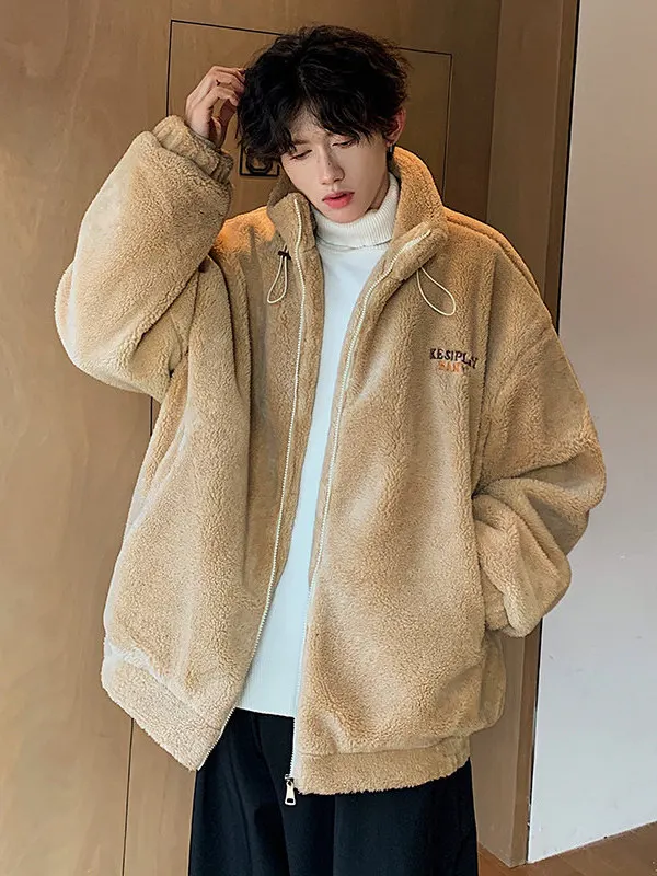 

Men's Thiened Stand Collar Cotton Jaet Lamb Velvet Warm Outerwear Winter Faion Brand Youthful Zipper Closure Long Sve