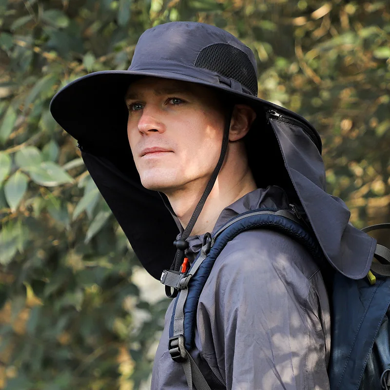 กระบังหน้าปีกกลางแจ้งพร้อมซิปและม่านกันแดดที่ถอดออกได้หมวกถังเดินป่าฤดูร้อนของผู้ชายมีน้ําหนักเบาและระบายอากาศได้