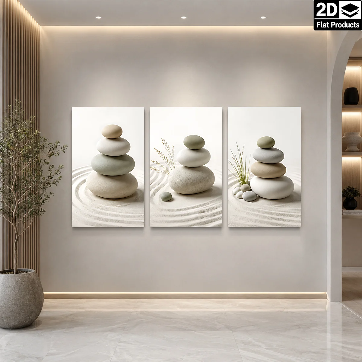 Frameless canvas 2D Flat 3PCS - Three panels of stacked stones with sand ripples and small plants Themed Canvas Wall Art, Wat