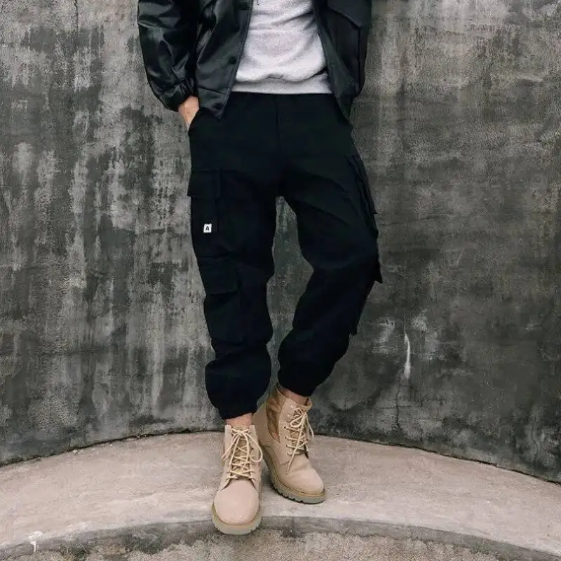 

Safari Style Streetwear Cargo Pants Elastic Band Chic Straight Loose Men Autumn Winter All Match Pockets Casual Fashion Trousers